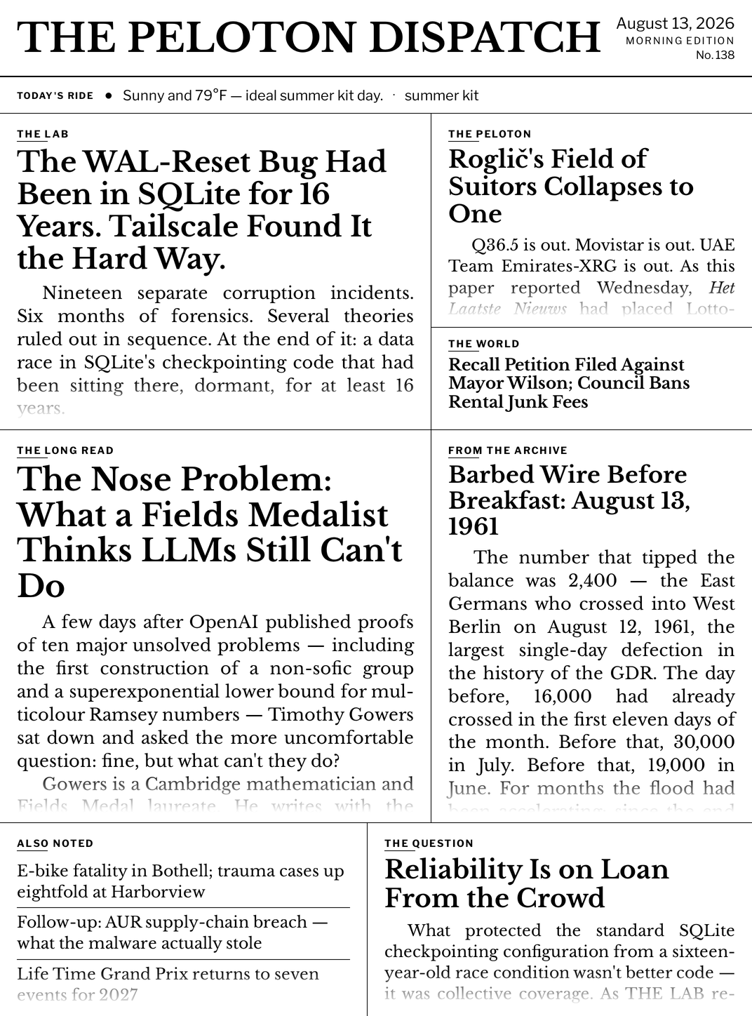 Front page — August 13, 2026